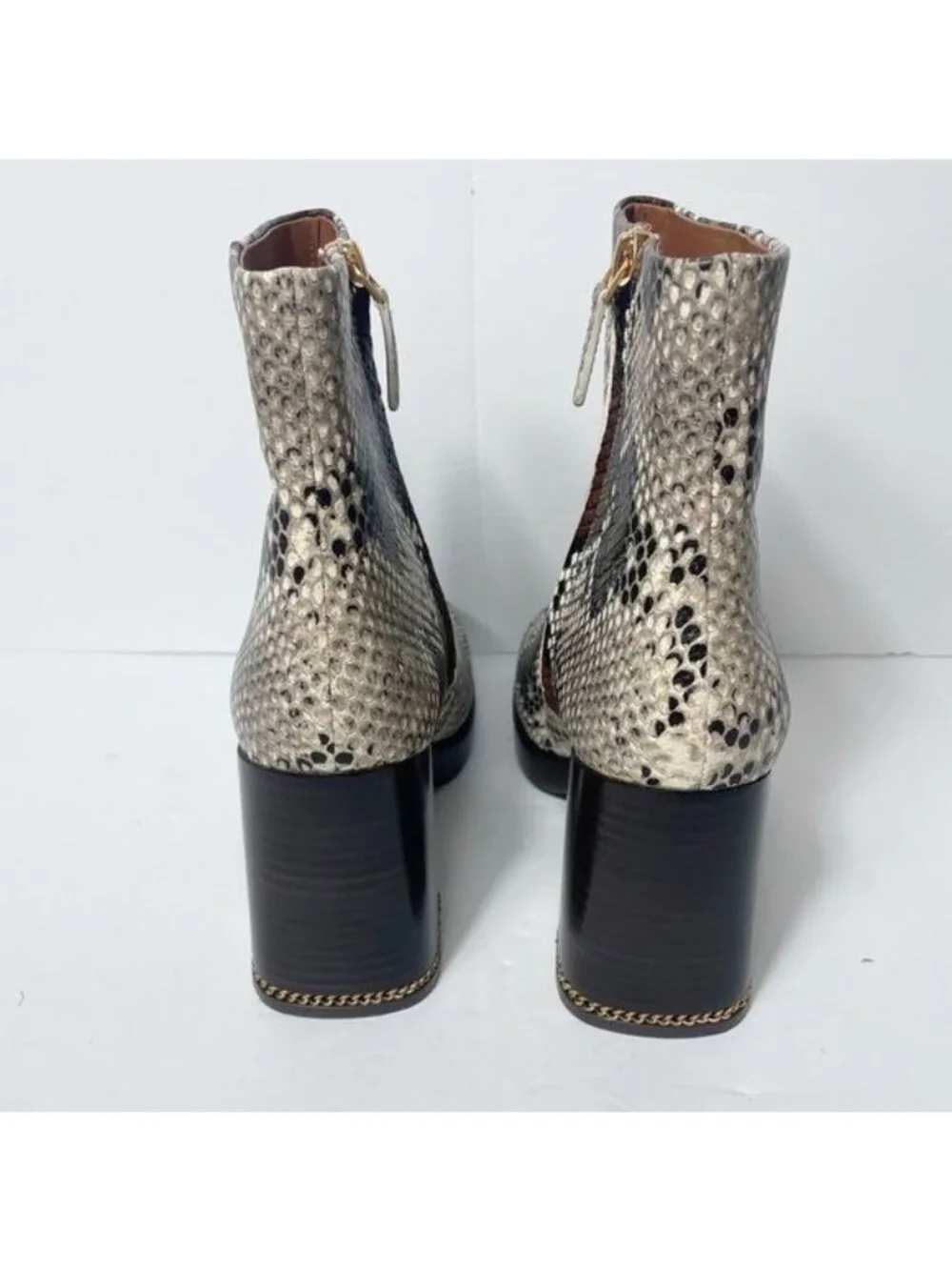 Tory Burch Ruby Python-Embossed Ankle Boots Size 8 Aspen Block Heel Chain Accent